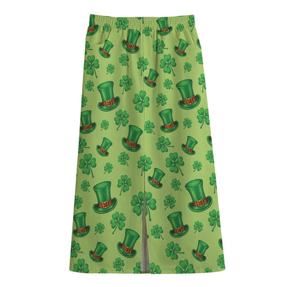 Clover And Hat St. Patrick's Day Print Cotton Front Slit Maxi Skirt