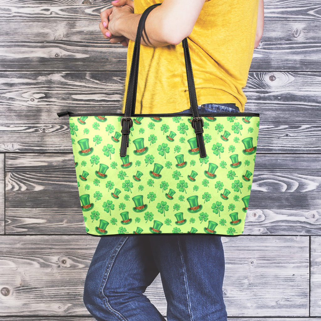 Clover And Hat St. Patrick's Day Print Leather Tote Bag