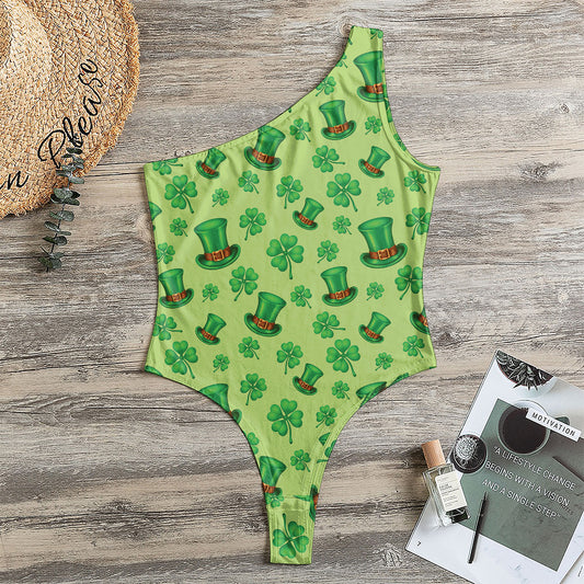 Clover And Hat St. Patrick's Day Print One Shoulder Bodysuit