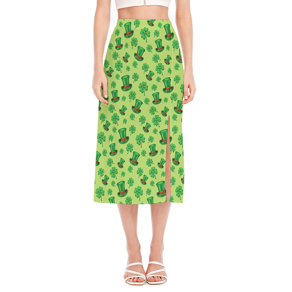 Clover And Hat St. Patrick's Day Print Side Slit Midi Skirt