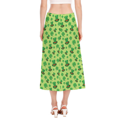 Clover And Hat St. Patrick's Day Print Side Slit Midi Skirt