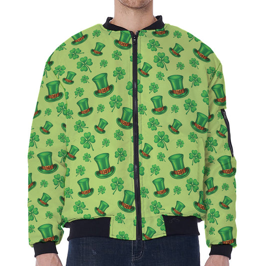 Clover And Hat St. Patrick's Day Print Zip Sleeve Bomber Jacket