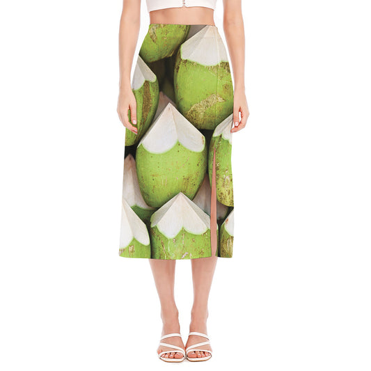 Coconut 3D Print Side Slit Midi Skirt