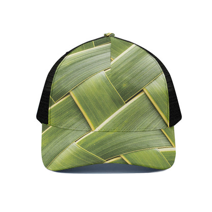 Coconut Leaf Print Black Mesh Trucker Cap