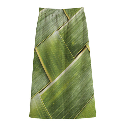 Coconut Leaf Print Cotton Front Slit Maxi Skirt
