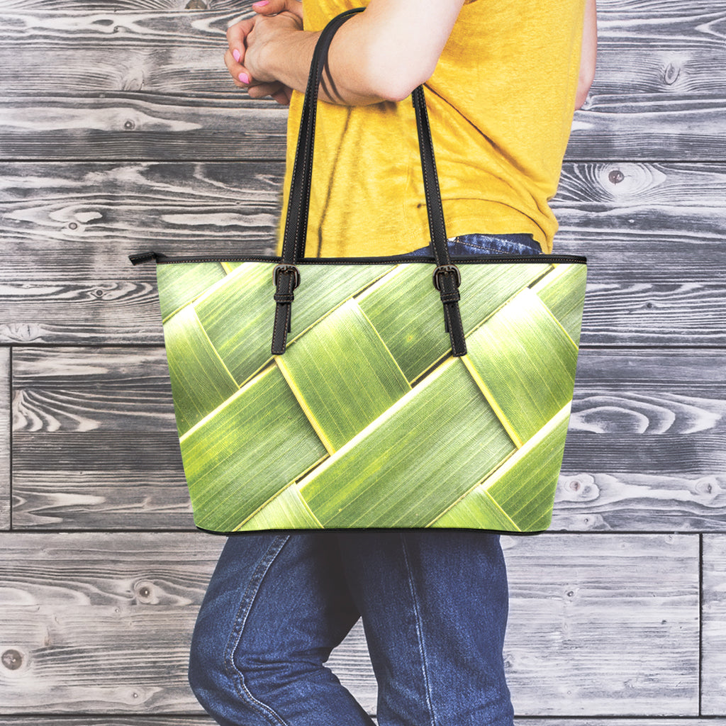 Coconut Leaf Print Leather Tote Bag