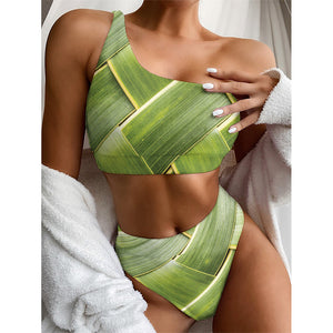 Coconut Leaf Print One Shoulder Bikini Top