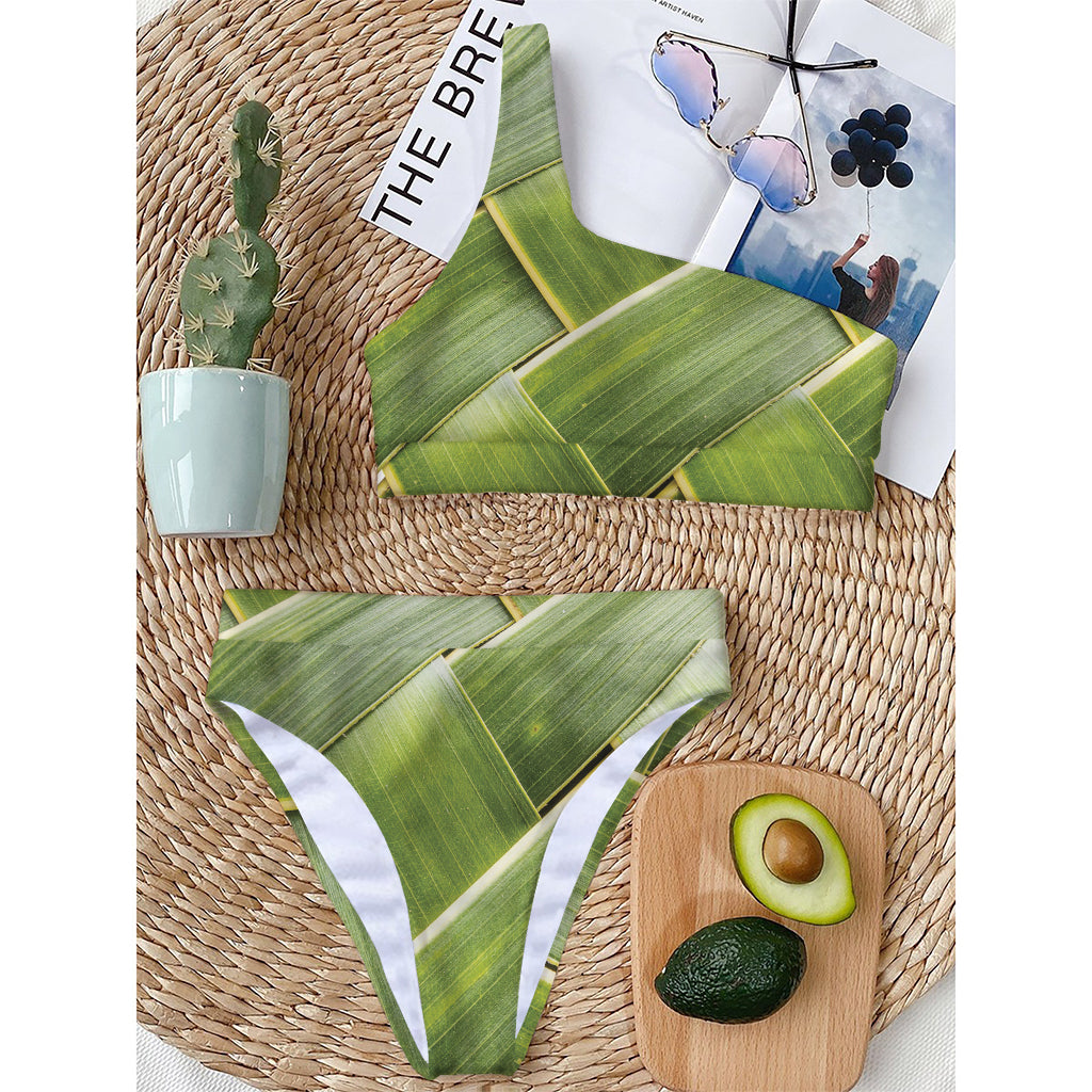 Coconut Leaf Print One Shoulder Bikini Top