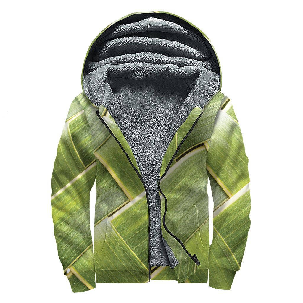 Coconut Leaf Print Sherpa Lined Zip Up Hoodie