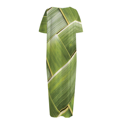 Coconut Leaf Print Short Sleeve Long Nightdress