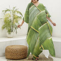 Coconut Leaf Print Silk V-Neck Kaftan Dress