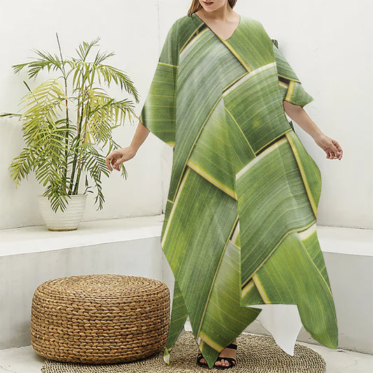 Coconut Leaf Print Silk V-Neck Kaftan Dress