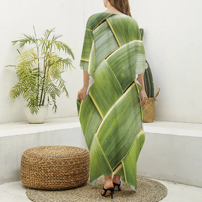 Coconut Leaf Print Silk V-Neck Kaftan Dress