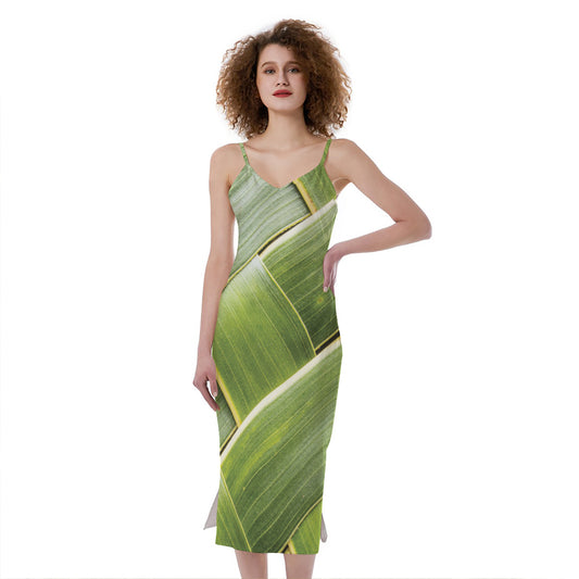 Coconut Leaf Print Slim Fit Midi Cami Dress