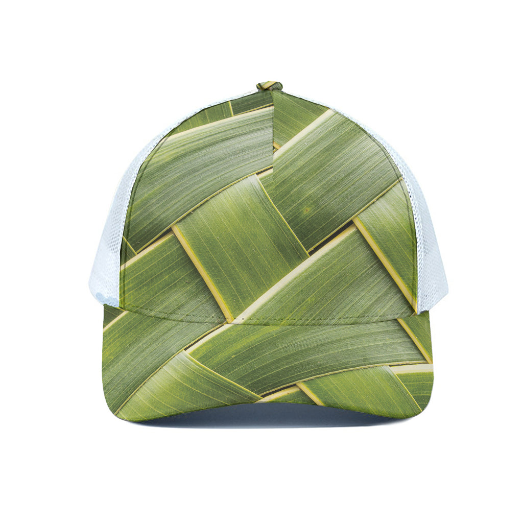 Coconut Leaf Print White Mesh Trucker Cap
