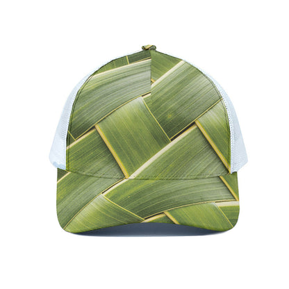 Coconut Leaf Print White Mesh Trucker Cap