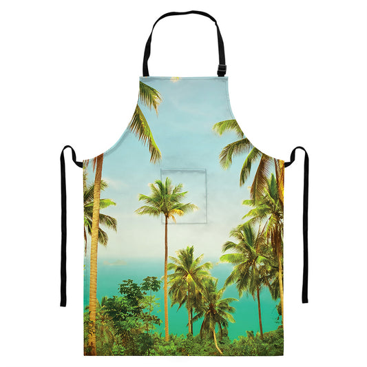 Coconut Tree Print Bib Apron With Pocket