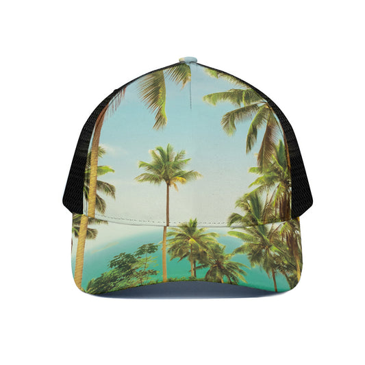 Coconut Tree Print Black Mesh Trucker Cap