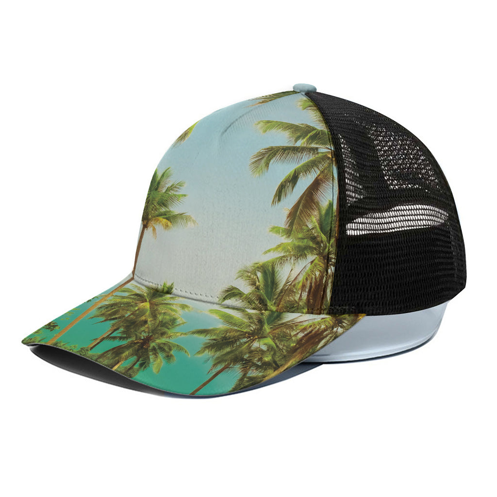 Coconut Tree Print Black Mesh Trucker Cap