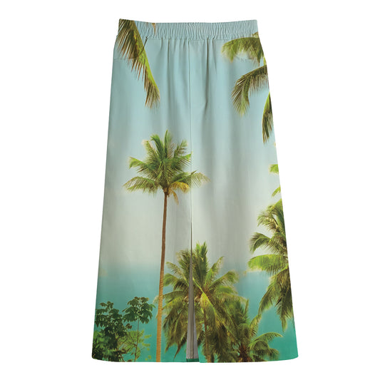 Coconut Tree Print Cotton Front Slit Maxi Skirt