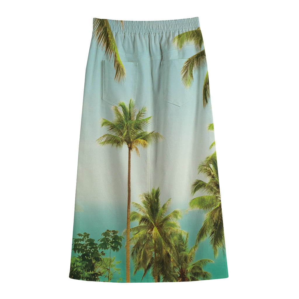 Coconut Tree Print Cotton Front Slit Maxi Skirt