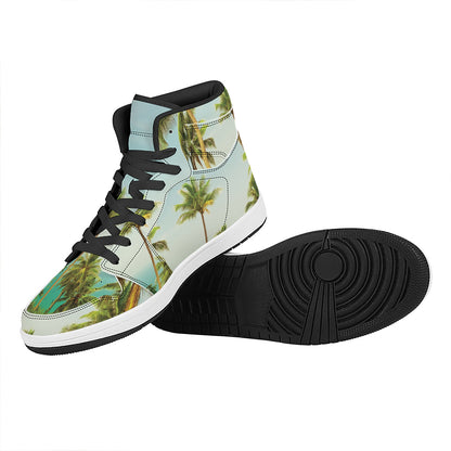 Coconut Tree Print High Top Leather Sneakers