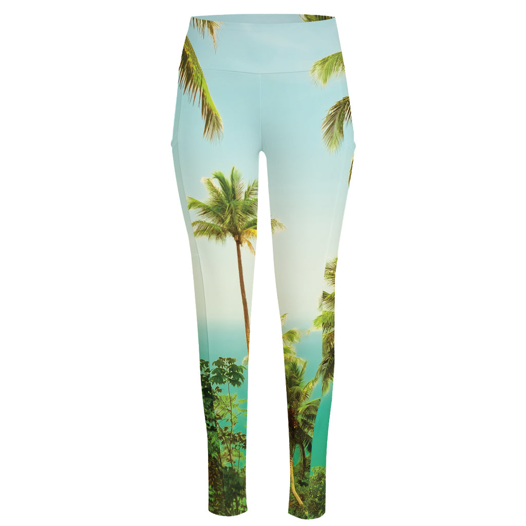 Coconut Tree Print High-Waisted Pocket Leggings