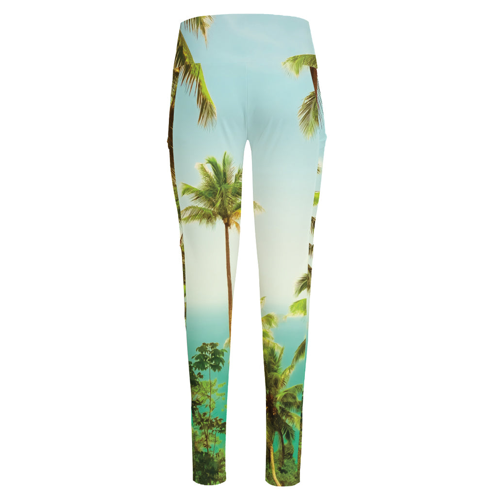 Coconut Tree Print High-Waisted Pocket Leggings