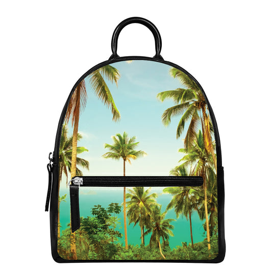 Coconut Tree Print Leather Backpack