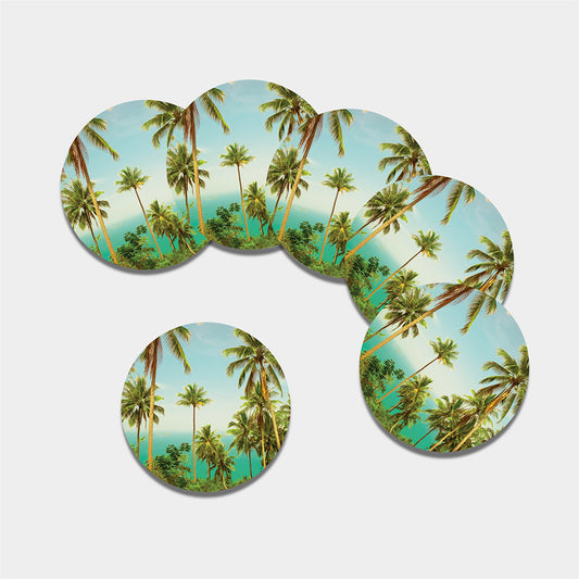 Coconut Tree Print Leather Coaster Set