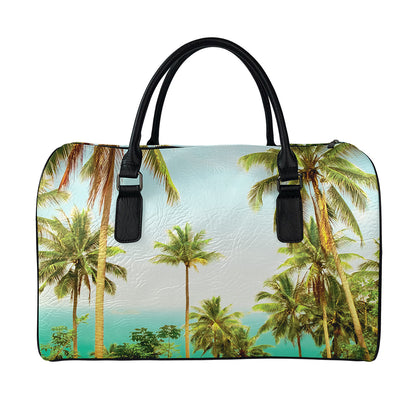 Coconut Tree Print Leather Duffle Bag