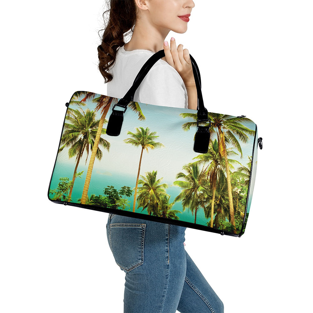 Coconut Tree Print Leather Duffle Bag