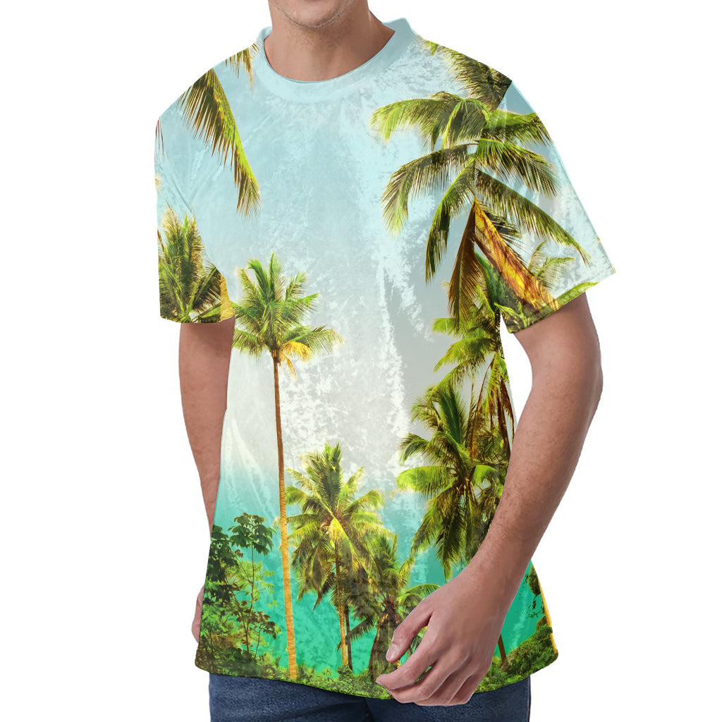 Coconut Tree Print Men's Velvet T-Shirt