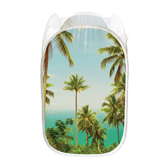 Coconut Tree Print Mesh Laundry Hamper