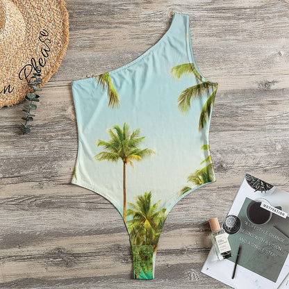 Coconut Tree Print One Shoulder Bodysuit