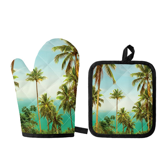Coconut Tree Print Oven Mitt And Pot Holder Set