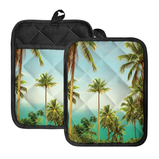 Coconut Tree Print Pot Holders With Pocket