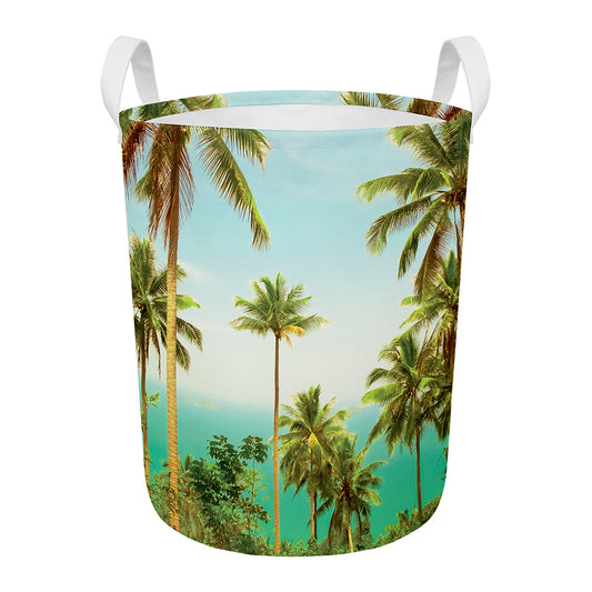 Coconut Tree Print Round Laundry Basket