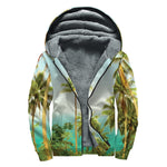 Coconut Tree Print Sherpa Lined Zip Up Hoodie