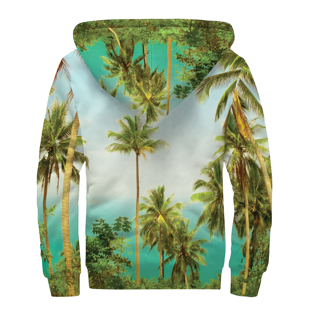 Coconut Tree Print Sherpa Lined Zip Up Hoodie