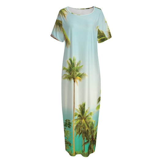 Coconut Tree Print Short Sleeve Long Nightdress