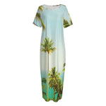 Coconut Tree Print Short Sleeve Long Nightdress