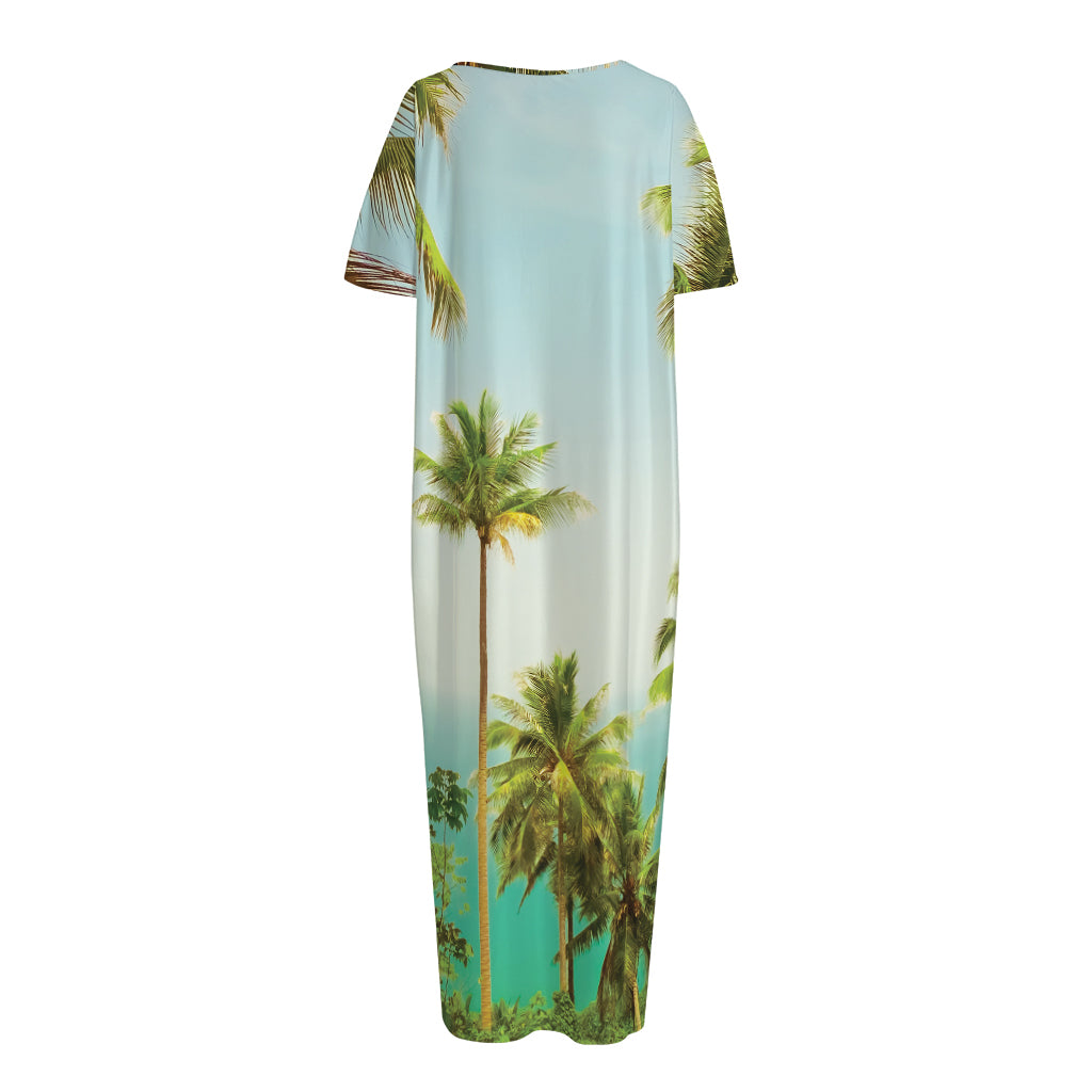 Coconut Tree Print Short Sleeve Long Nightdress