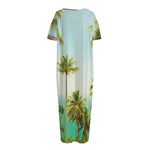 Coconut Tree Print Short Sleeve Long Nightdress
