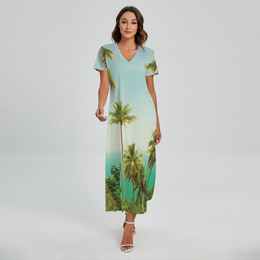 Coconut Tree Print Short Sleeve Maxi Dress