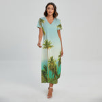 Coconut Tree Print Short Sleeve Maxi Dress