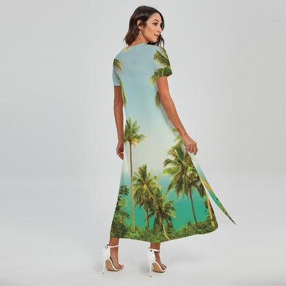 Coconut Tree Print Short Sleeve Maxi Dress
