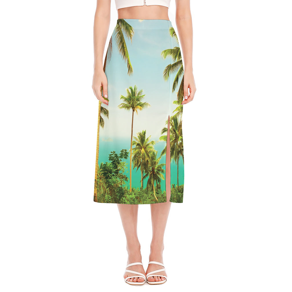Coconut Tree Print Side Slit Midi Skirt