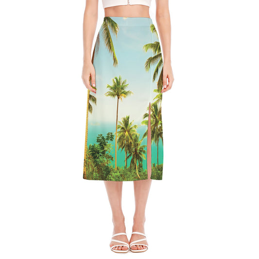 Coconut Tree Print Side Slit Midi Skirt