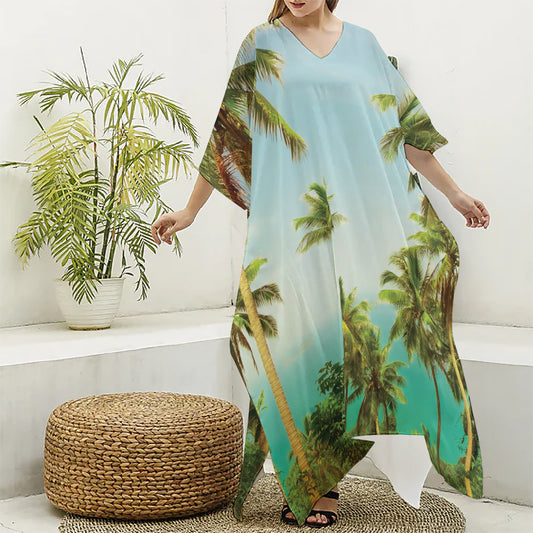 Coconut Tree Print Silk V-Neck Kaftan Dress
